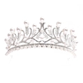 Detailed close-up of bridal leaf crown with silver plating, pearls and sparkling rhinestones - Silver (Silver Finish Rhinestone Pearl)