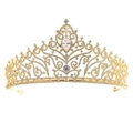 Nahaufnahme der goldenen Braut-Tiara mit funkelnden Strasssteinen und Tropfensteinen - Zirkonia Krone (18K Vergoldeter Stil)