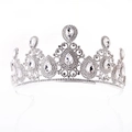 Detail view of silver bridal tiara with waterdrop rhinestones and symmetrical alloy patterns - Thick Silver White Rhinestone
