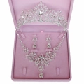 Elegant silver bridal jewelry set with crystal crown, pearl necklace and earrings in pink box - Crown And Necklace And Earrings (Earring Post) With Box / Silver