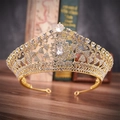 Exquisite gold bridal crown with sparkling white rhinestones in a geometric design - Gold White Rhinestone