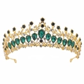 Détail de la couronne de mariée dorée avec strass vert émeraude et cristaux blancs - Imitation Or 18K Cristal Vert Olive