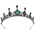 Detailansicht der smaragdgrünen Kristallsteine auf einer bronzenen Vintage-Tiara - Antikbronze Mit Schwarzen & Grünen Strasssteinen (H1147)