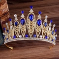 Luxury gold baroque bridal crown with leaf pattern and deep blue teardrop crystals - Gold / Blue Rhinestone