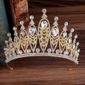 Baroque golden tiara with leaf motifs and sparkling rhinestones for bridal hairstyle - Gold/White Rhinestone