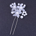 Elegant bridal U-shaped hair pin with matte white flowers and pearls on silver wire - White