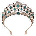 Detailed macro view of vintage gold bridal crown with emerald gemstones and floral patterns - Gold with Green Rhinestones