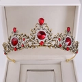 Corona da sposa barocca dorata con gemme rosse e strass bianchi su base a foglia - Oro Antico Cristallo Rosso
