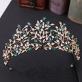 Detail of vintage gold bridal crown with green leaf rhinestones and crystal accents - KC Gold Green