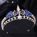 Detail of luxury bridal crown featuring blue crystals and white pearls on gold frame - Gold with Blue Rhinestones