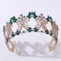 Baroque luxury bridal crown with pink pearls and green crystals on a gold metal frame - KC Gold White Rhinestone Green Rhinestone Artificial Pearl