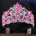 Baroque silver crystal crown with pink pear-cut gemstones for bridal hair accessories - Thick Silver White + Rose Red (Comb)