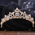 Exquisite golden bridal crown with sparkling crystal hearts and leaf motifs - KC Gold With White Rhinestones (H1202)