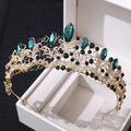 Luxury rose gold bridal crown featuring emerald crystals and white rhinestones - Gold with Green Rhinestones