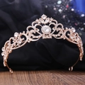 Elegant rose gold bridal tiara with rhinestones and heart motif on a dark lace background - Rose Gold With White Rhinestones (H1189)