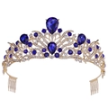 Détail du peigne couronne de mariée doré avec pierres bleu foncé et cristaux brillants - Peigne Couronne (H1342) / Ton Or Strass Bleu