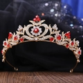 Golden bridal crown with red heart rhinestones and crystals on a wooden base - KC Gold With Red Rhinestones (H1202)