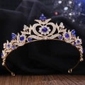 Baroque bridal crown with gold plating, sparkling zircons and deep blue gemstones - KC Gold With Blue Rhinestones (H1202)