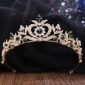Elegant bridal crown in gold with emerald green stones and sparkling rhinestones - KC Gold With Olive Green Rhinestones (H1202)