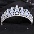 Detail of silver alloy bridal tiara with light blue rhinestones and leaf pattern design - Silver With White And Jelly Blue Rhinestone