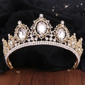 Detailed macro view of baroque gold crown with sparkling rhinestones and crystal accents - KC Gold White Rhinestone
