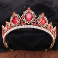 Baroque gold bridal crown with red rhinestones and crystal accents on black satin - KC Gold White Diamond + Large Red Diamond