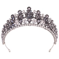 Baroque silver alloy bridal crown with smoky grey rhinestones and leaf pattern design - Antique Silver White and Transparent Black Rhinestone
