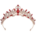 Close-up of golden bridal crown featuring red pear-shaped gems and white rhinestones - KC Gold Clear and Red Rhinestone