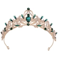 Close-up of bridal crown with emerald green rhinestones and silver crystals on gold base - KC Gold White Diamond + Green Diamond