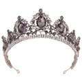 Close-up of Baroque vintage crown with silver metal, white rhinestones and grey gems - Antique Silver with White and Clear Black Rhinestones