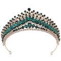 Luxurious gold bridal crown with deep green pear-shaped crystals and sparkling rhinestones - Gold White Green Rhinestone (H1378)