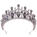 Detailed close-up of Baroque vintage silver bridal crown with grey crystals and rhinestones - Antique Silver White and Transparent Black Rhinestone