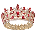 Close-up of luxury bridal crown featuring red pear-shaped crystals and gold filigree - Gold Red Rhinestone