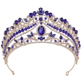 Corona da sposa barocca dorata con cristalli blu profondo e gemme a goccia per matrimoni - KC Oro Strass Chiaro e Blu