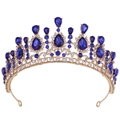 Barocke goldene Krone mit blauen Tropfen-Edelsteinen und weißen Kristallen für Hochzeiten - KC Gold Klarer und Blauer Strass