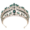 Detailed view of Baroque bridal crown with emerald green gems and sparkling rhinestones - KC Gold White Diamond + Green Diamond