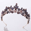 Detailed macro shot of vintage gold bridal crown with purple crystals and white pearls - Antique Gold Coffee Pearl + Purple Rhinestone