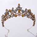 Close-up of golden bridal crown featuring amber crystals, pearls and intricate floral details - Antique Gold Coffee Pearl + Coffee Rhinestone