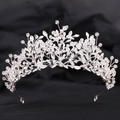 Corona da sposa elegante con foglie d'argento con perline di cristallo e strass - Argento Strass Bianco