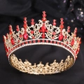 Goldene Barock-Brautkrone mit weißen Strasssteinen und großen roten Edelsteinen für Hochzeiten - Goldton Weißer und Roter Strass