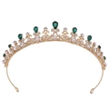 Detailed view of luxury gold crown with green pear-shaped rhinestones and white pearls - KC Gold White Diamond + Green Diamond
