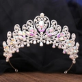 Luxury silver bridal crown with white pearls and iridescent crystals on black mesh - Silver & AB Rhinestone