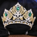 Macro shot of luxury bridal crown with emerald green gems and intricate yellow zircon details - Silver Yellow and Green Rhinestone Hair Comb