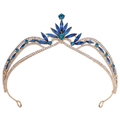 Close-up of golden bridal tiara featuring blue crystals and white rhinestones - KC Gold White + Peacock Blue Rhinestone