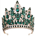 Golden Baroque bridal crown with emerald green crystals and sparkling white rhinestones - Gold Green (H1421 KC Gold White + Green Rhinestone)