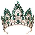 Close-up of golden Baroque crown with green teardrop gems and sparkling white crystals - KC Gold White & Olive Green Rhinestone