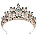 Macro shot of gold alloy bridal crown with emerald green stones and white rhinestones - KC Gold White Diamond + Green Diamond