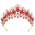 Luxury gold bridal crown with red crystals and white pearls for wedding accessories - Gold & Red Rhinestone