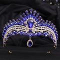 Detailed view of bridal crown featuring blue teardrop crystals and gold alloy base - KC Gold White & Sapphire Blue Rhinestone