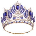 Couronne de mariée baroque dorée avec cristaux bleu royal et pierres précieuses - KC Or Blanc et Bleu Roi Ajustable